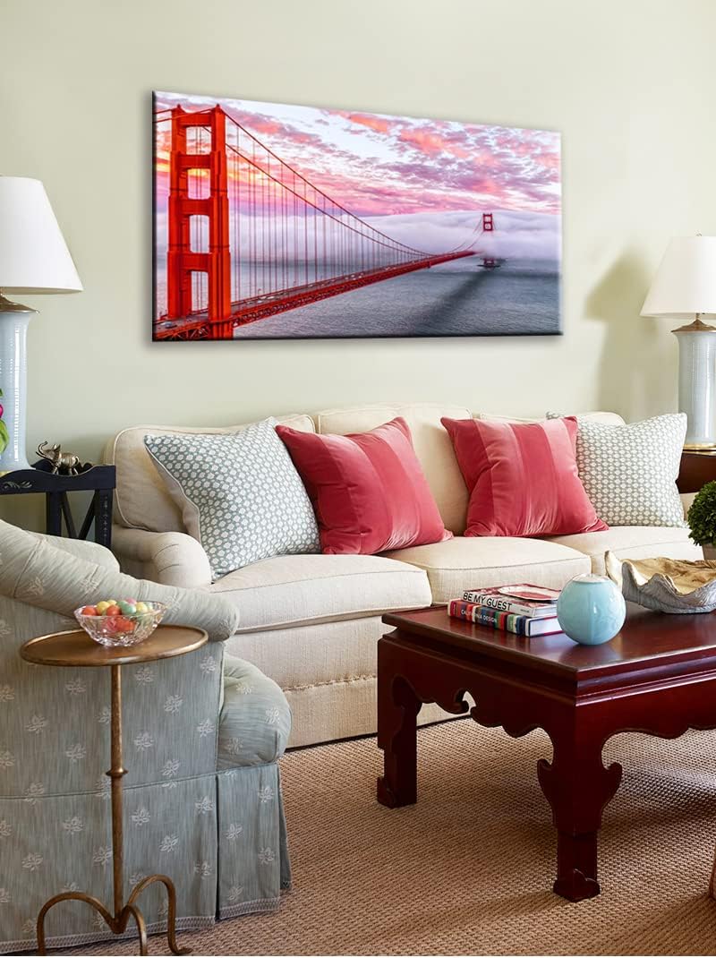 San Francisco Red Golden Gate Bridge At Dusk Canvas Wall Art For BedRoom,Modern Realism City Building Picture,Califonia Foggy Cityscape Painting Decor,Bracket Fixed Ready To Hang,Inner Frame (30x60)