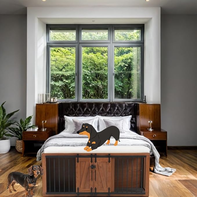 56" L Dog Crate Furniture with Padded Seat, End of Bed Bench Ottoman with Cushion, Wooden Dog Kennel with Pet Stairs & Sliding Barn Door for Bedroom, Living Room, Walnut