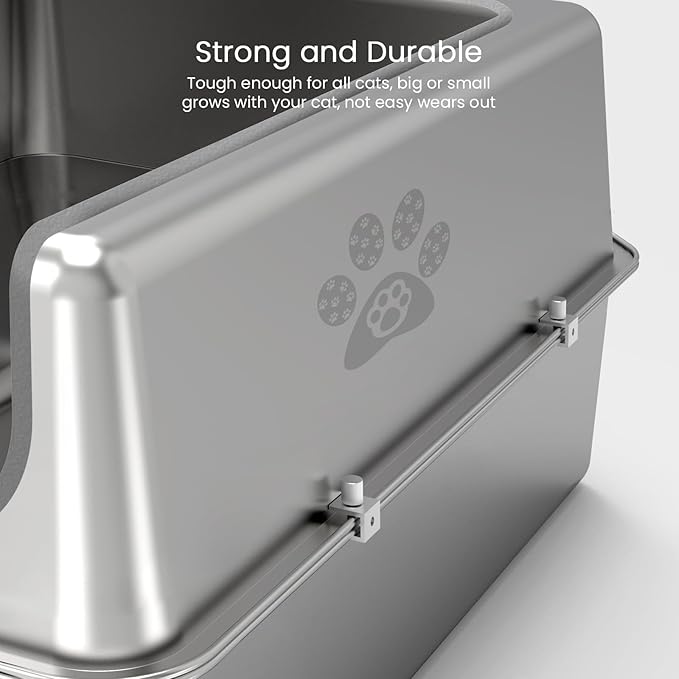 Enclosed Stainless Steel Cat Litter Box with Lid, Oversize Metal Litter Box for Multi Cats, XXXL Supersize Cat Toilet with High Side, Non-Stick, Anti-Leakage, Odorless, with Litter Mat & Litter Scoop