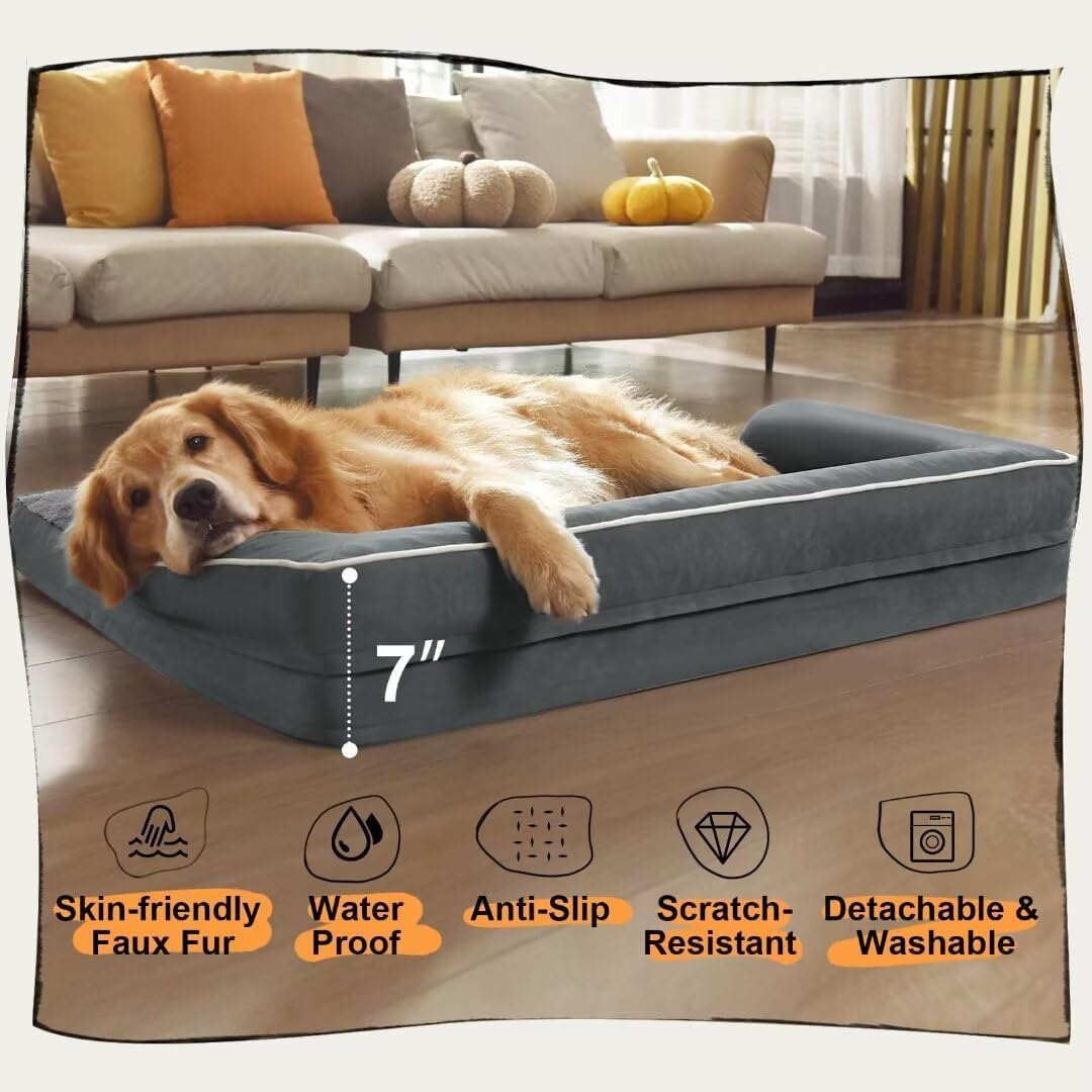 Large Dog Bed Orthopedic Washable - Beds Bolster - Extra Large Big Dogs - Memory Foam Couch Sofa - Waterproof with Removable Cover - Dark Grey Dog Bed