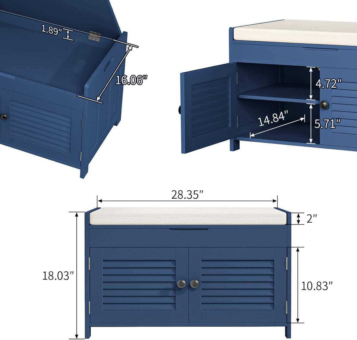 Shoe Storage Bench with Lift Top Storage, Entryway Bench with Cushioned Seat, Adjustable Shelf, 2 Tier Shoe Rack with Doors for Entryway, Bedroom, Hallway, Mudroom, Blue