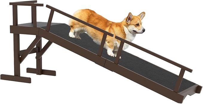 61" Dog Ramp for Bed, Pet Ramp with Removable Side Rail and Non-Slip Surface, Pet Ramp for Small & Large & Senior Dogs with Rest Platform and DIY Glow Strips,Dog Stairs for Couch, Brown
