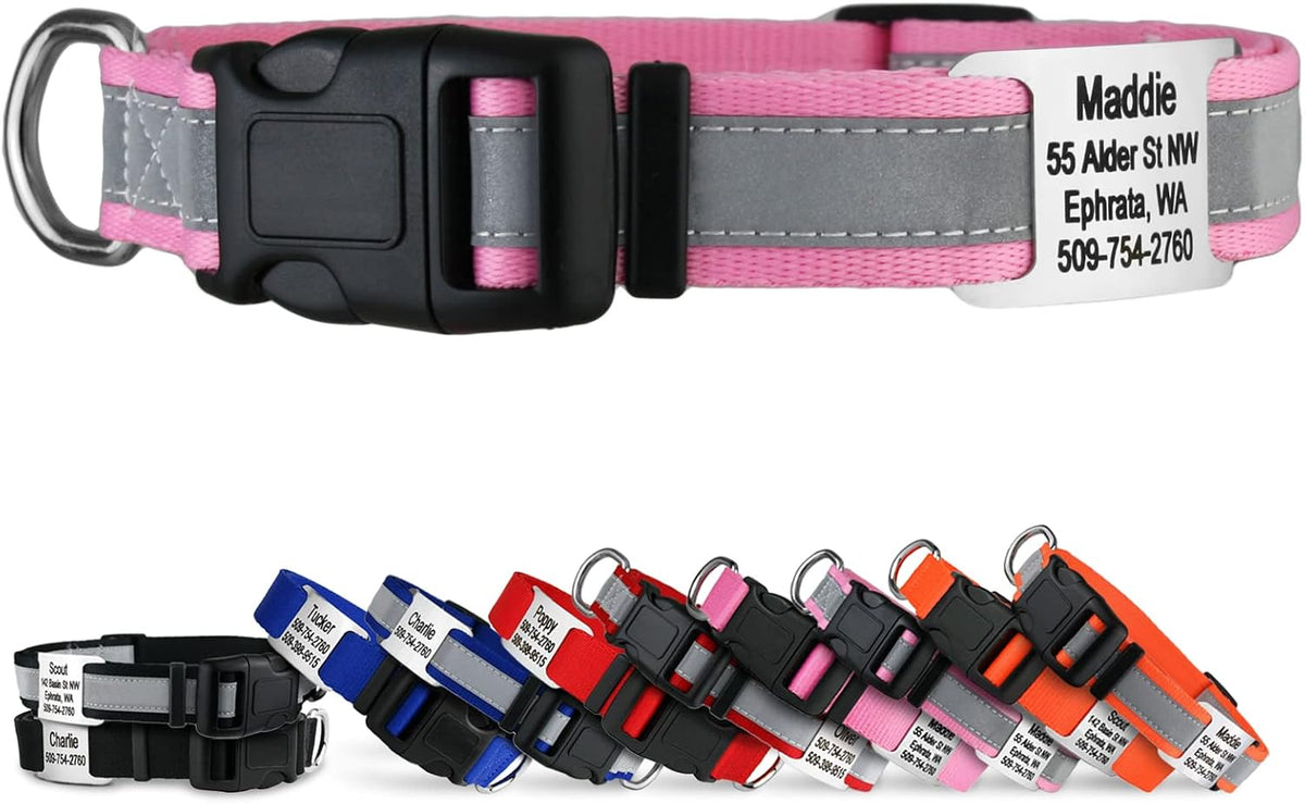 GoTags Reflective Personalized Dog Collar with Nameplate, Adjustable Dog Collar with Custom Engraved Steel Slide On Pet ID Tag, Silent, No Noise Dog Tag for Large Medium or Small (Pink, Large)