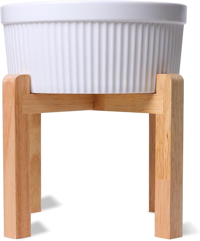 Large Dog Food Bowl, 65 oz Ceramic Bowls for Medium Breed, Pet Food Water Dish Heavy Wighted, Raised Dog Bowl with Wooden Stand, White