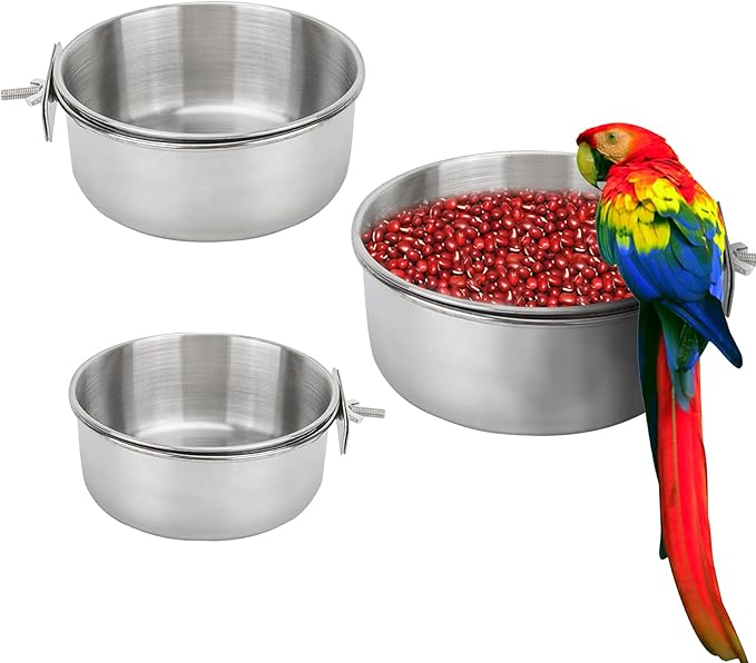 Bird Feeding Dish Cups 3 Pack Parrot Food Bowl Cage with Clamp Holder Stainless Steel Birdcage Coop Water Feeder for Cockatiel Conure Budgies Parakeet Macaw Finches Lovebirds Small Animal (S+M+L)