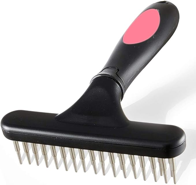Pet Grooming Rake - Double Row Pins Shedding and Dematting Undercoat Rake Comb for Dogs, Cats, Matted, Short, Long Hair Coats - Safe Grooming & Deshedding Brush - Comb Out Mats & Tangles Easily