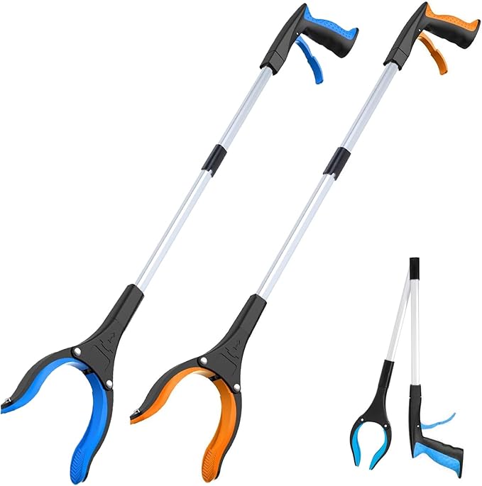 Grabber Reacher Tool - 32” Extra Long Foldable Gripper and Reaching Tool - Heavy Duty Pick Up Stick Grabbers for Seniors, Trash, Surgery Recovery Must Haves Gifts (Blue+Orange 2P)