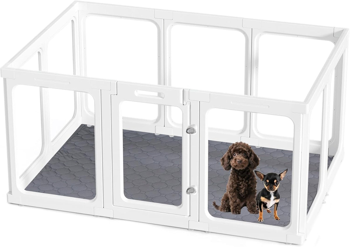 Acrylic Dog Playpen with Door, 24" 10PCS Clear Pet Play Pen Indoor for Small Animals, Transparent Puppy Fence Kennel Rabbit Ferret, Doggie Cages Yard Easy Assemble