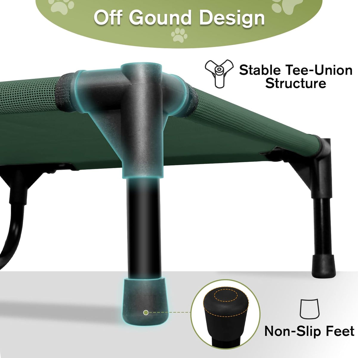 XL Elevated Dog Bed 51 Inch - Waterproof Raised Cooling Cot for 121lb Dogs, with Washable Breathable Mesh, All-Weather Outdoor Dog Bed with Non-Slip Feet, Green