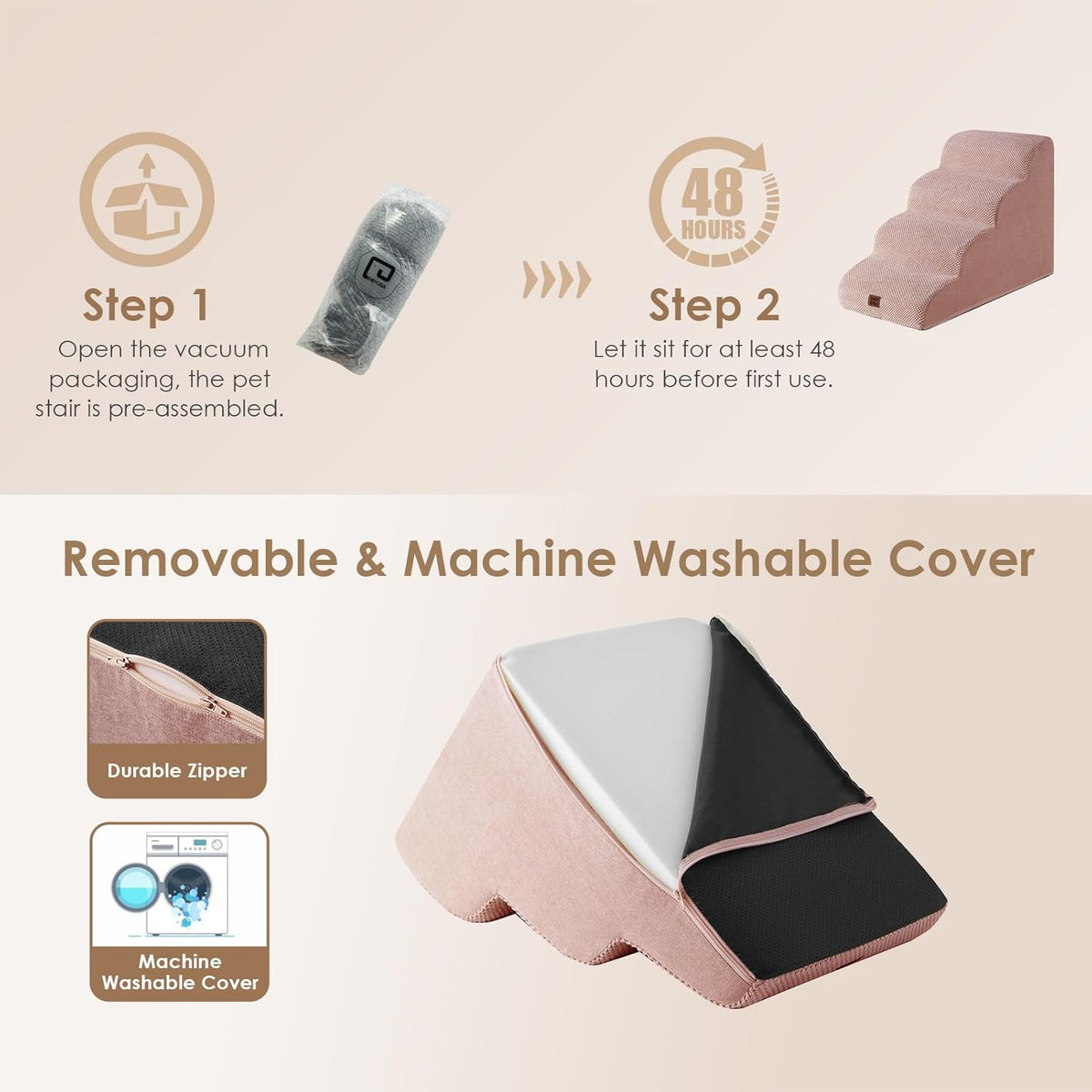 EHEYCIGA Curved Dog Stairs Ramp for High Beds 19.7" H, 4-Step Dog Steps for Small Dogs and Cats, Pet Stairs for High Bed Climbing, Non-Slip Balanced Pet Step Indoor, Dusty Pink