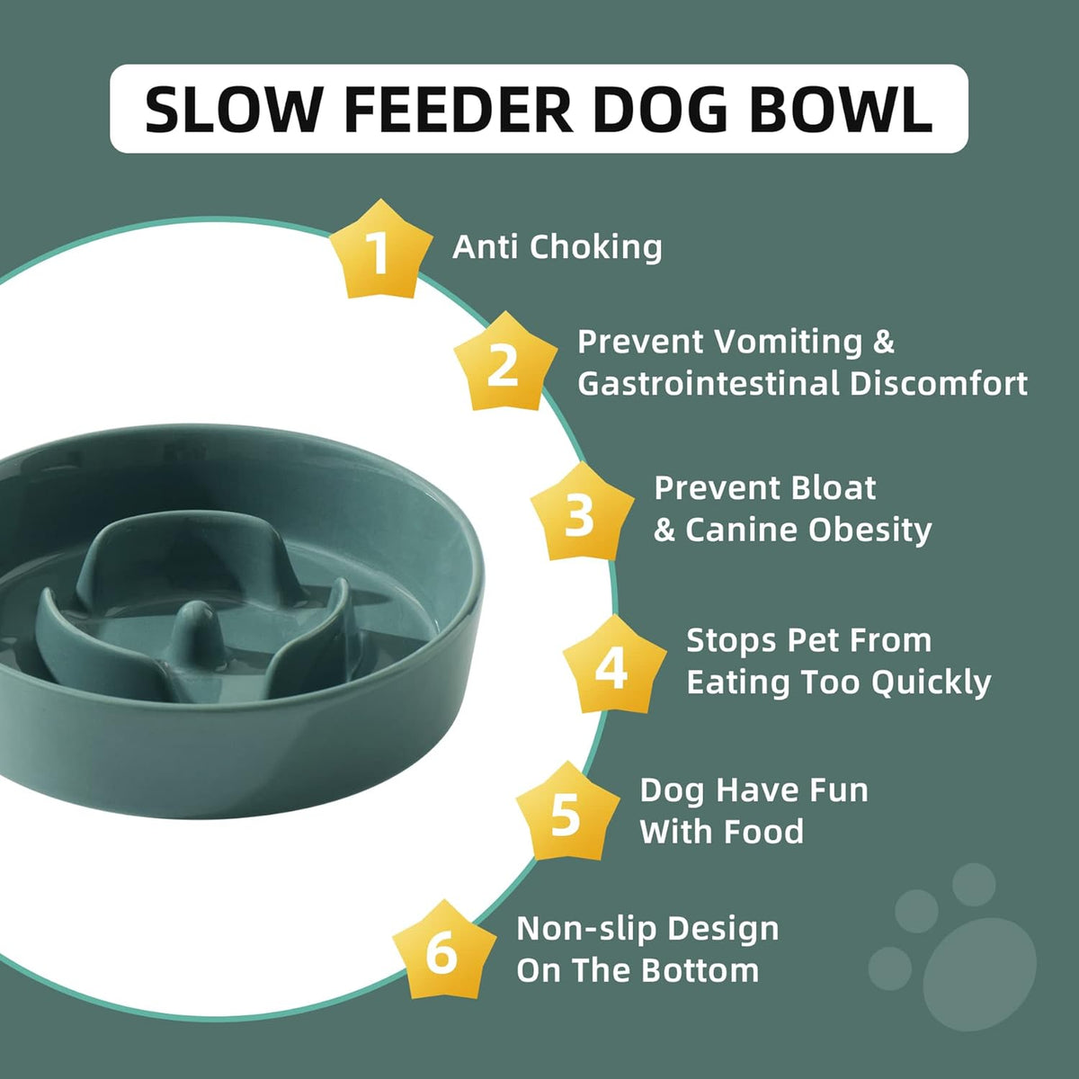 6.1inch Ceramic Dog Bowl Slow Feeder, Slow Dish for Small Dog, Wet and Dry Food Dish, Stop Bloat, Preventing Choking(Single Bowl-Dark Green)