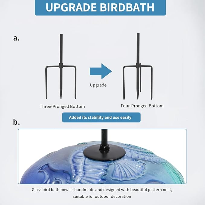 MUMTOP Bird Baths for Outdoors, Glass Birdbath Birdfeeder Bowl with Metal Stake for Outside Garden Yard Lawn Seahorse Decor