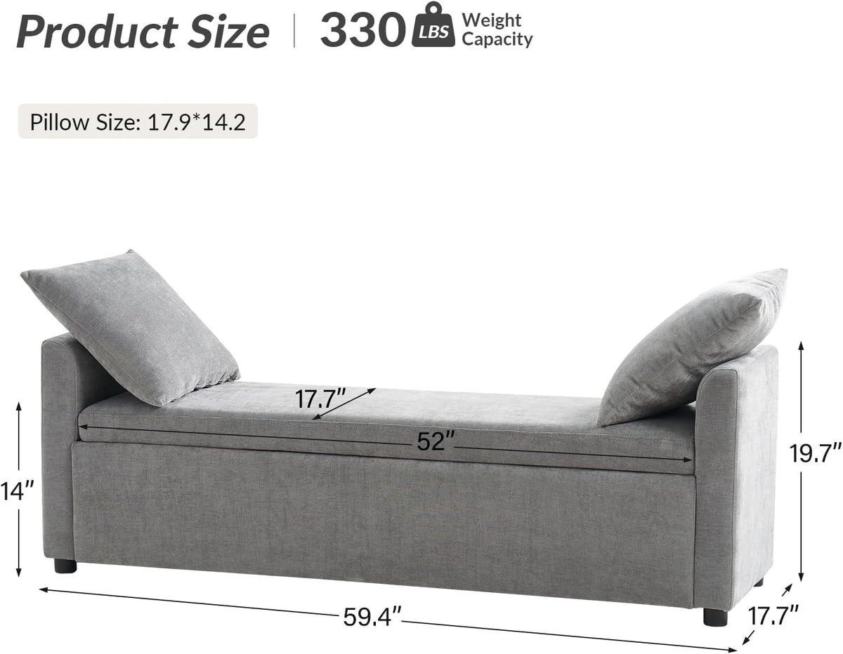 HULALA HOME Modern Storage Bench with Throw Pillows, 59.4" Extra Long Bedroom Ottoman Bench for End of Bed, Comfy Upholstered Footstool for Living Room Dining Room Entryway, Grey