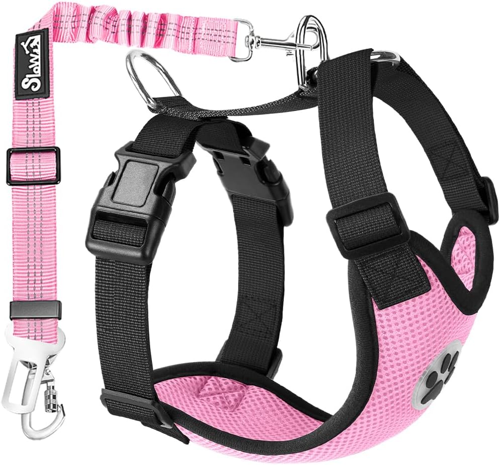 Lukovee Dog Seat Belt for Car, Adjustable Dog Car Harness for Large Medium Small Dogs, Soft Padded & Breathable Mesh Dog Seatbelt with Car Strap and Carabiner(Pink Double Clip,Medium)