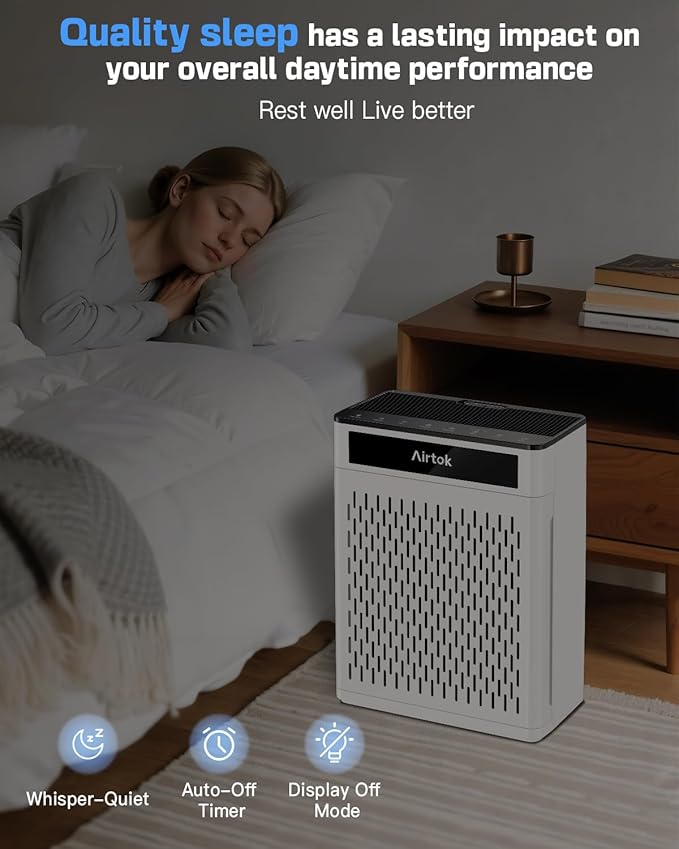 Air Purifiers for Home Large Room Up to 1848sq.ft, Airtok Air purifier for Home Pet, Washable Pre-Filter Air Quality Monitor HEAP Sleep Mode Air Cleaner for Bedroom, Dorm room, Office, AP3001 White