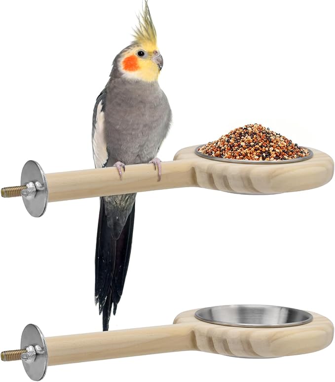 KATUMO Bird Perch Feeding Cup Birds Platform Parrot Wood Perch Stand Toy Cage Accessory for Parakeet Lovebird Cockatiel Conure Budgie Small Parrots (L Perch (Pack of 2))