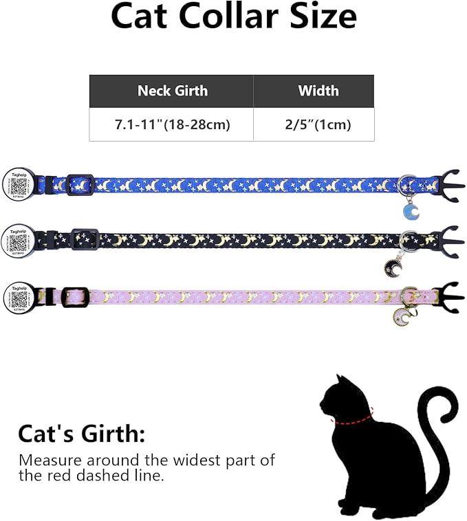 Cat Collar Stars and Moon, Reflective no Bell, Solid & Safe Collars for Cats, Nylon, Kitty Collars, Pet Collar, Breakaway Cat Collar with Smart ID Tags for Boy & Girl,NO APP (Purple)