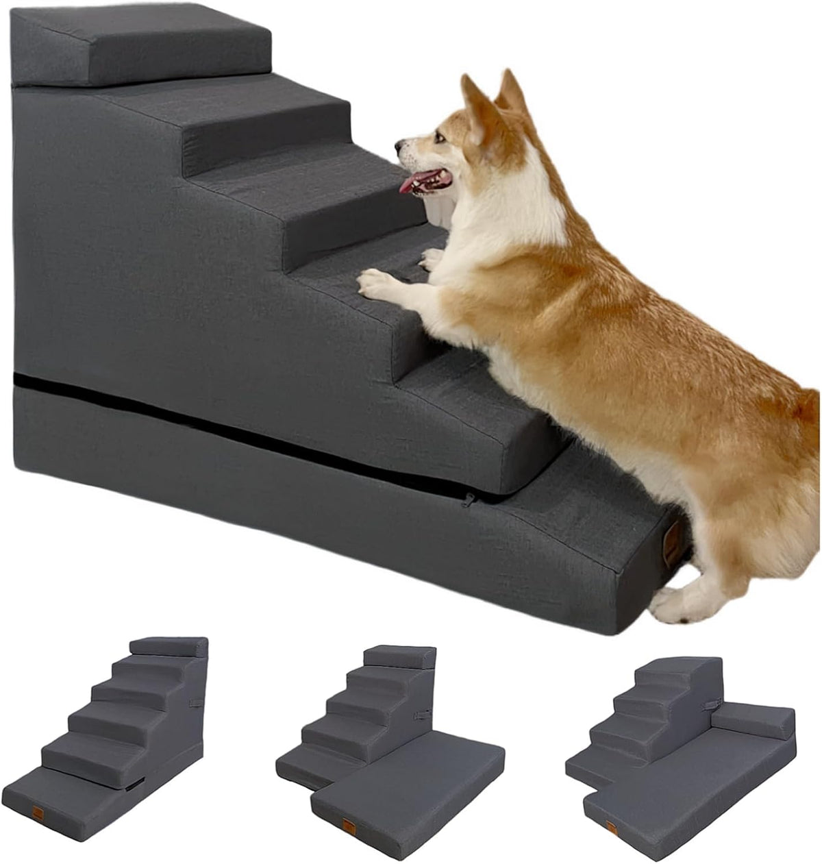 Dog Stair ramp for 30 inch high beds. 6-Step Dog Stair Ramp for 20 to 36 Inch Sofa Beds. Pet Steps for Small, Medium and Large Dogs. Non-Slip, Balanced and Portable. Multifunctional 6 Steps, Gray.