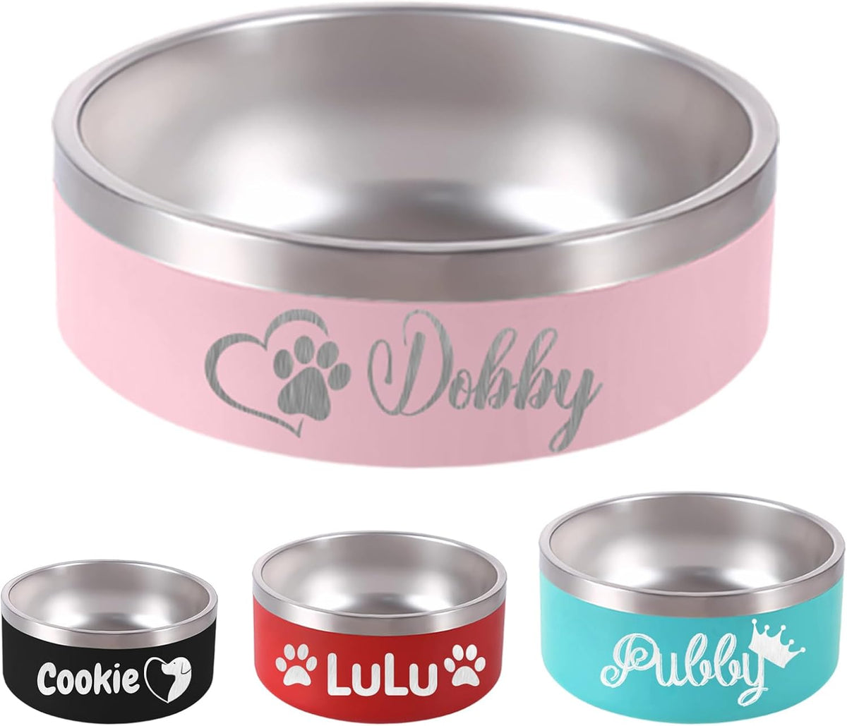 Personalized Dog Bowl Laser Engraved Custom Pet Name 18/32/42/64 oz No Slip Stainless Steel Insulated Bite-Resistant Food Water Dishes-Pink
