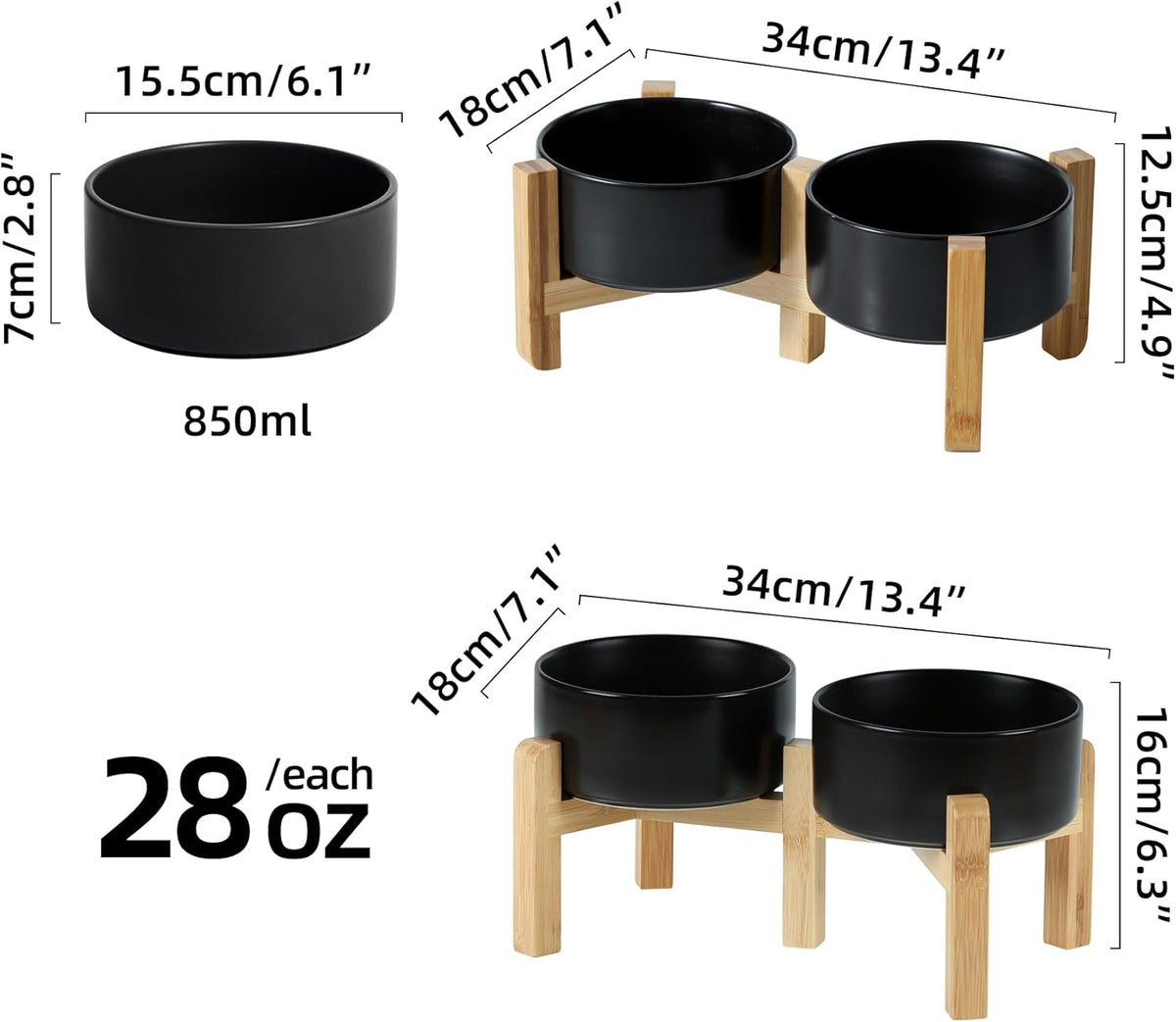 Ceramic Raised Double Bowls Set with Stand, 2 Heights Elevated, Food & Water Bowls for Small Breed Dogs, Weighted Dog Dishes, Pet Bowl(6.1'',28.7oz, Black)