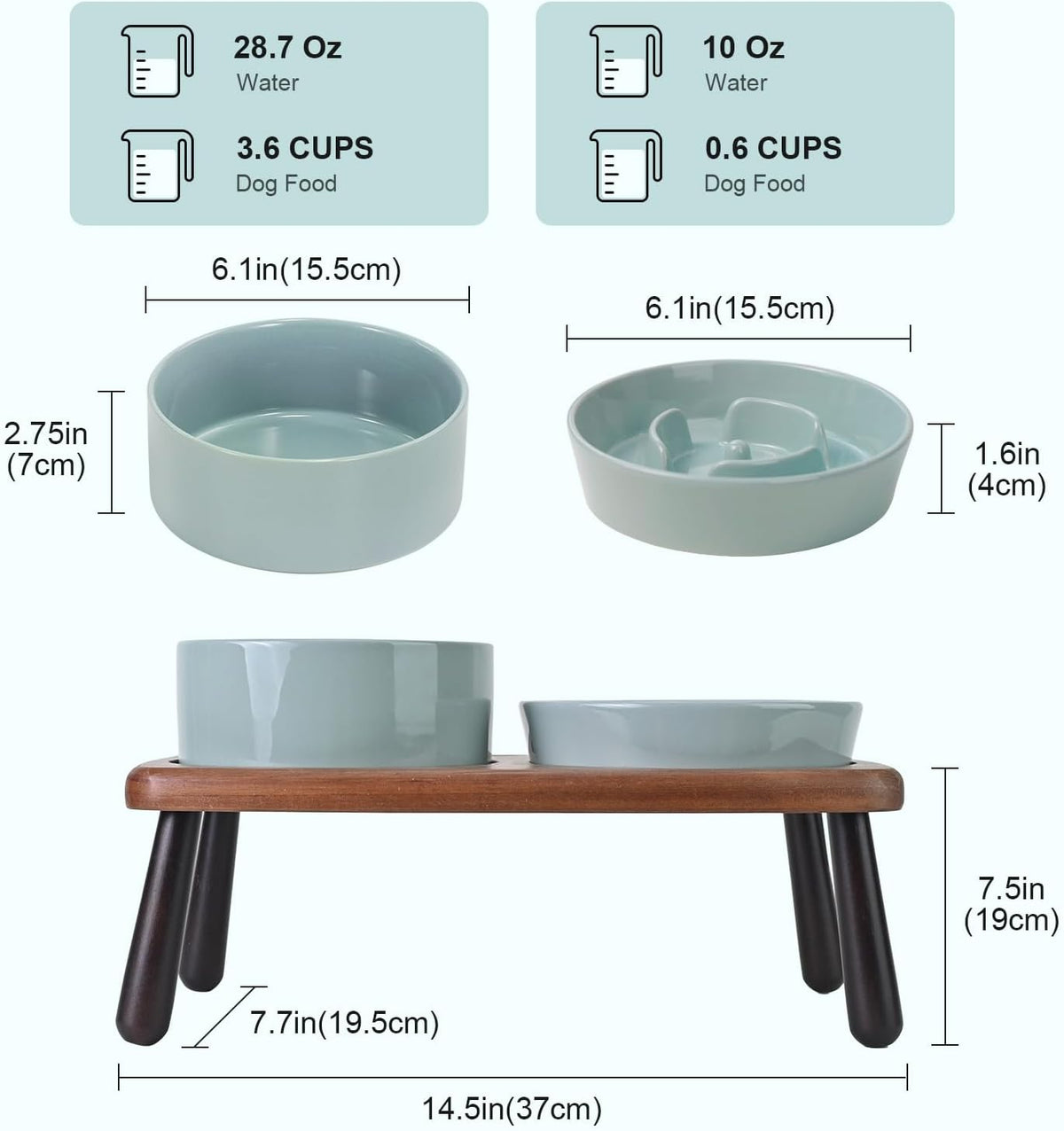 SPUNKYJUNKY Ceramic Elevated Dog Bowls with Slow Feeder Raised with Acacia Bamboo Wooden Stand, 6.1'' Dog and Cat Food Water Bowls Set Non-Slip for Small Medium Sized Breed - Light Green