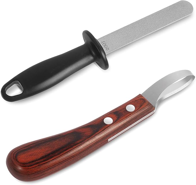Hoof Knife with Sharpener,Farrier Tool Kit,Double Edged Hoof Trimming Knife with Wooden Handle, High-Carbon Steel Blade Hoof Knife for Horses