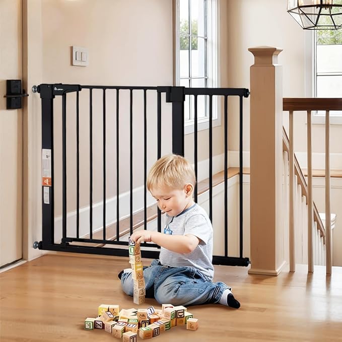 COMOMY 30" Tall Baby Gate for Stairs Doorways, Fits Openings 29.5" to 43.3" Wide, Auto Close Extra Wide Dog Gate for House, Pressure Mounted Easy Walk Through Pet Gate with Door, Black