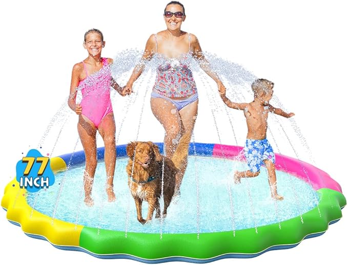 VISTOP Non-Slip Splash Pad for Kids, Thicken Sprinkler Pool Summer Outdoor Water Toys - Fun Backyard Fountain Play Mat for Baby Girls Boys Children or Pet Dog (77 inch, Red&Yellow&Green&Blue)