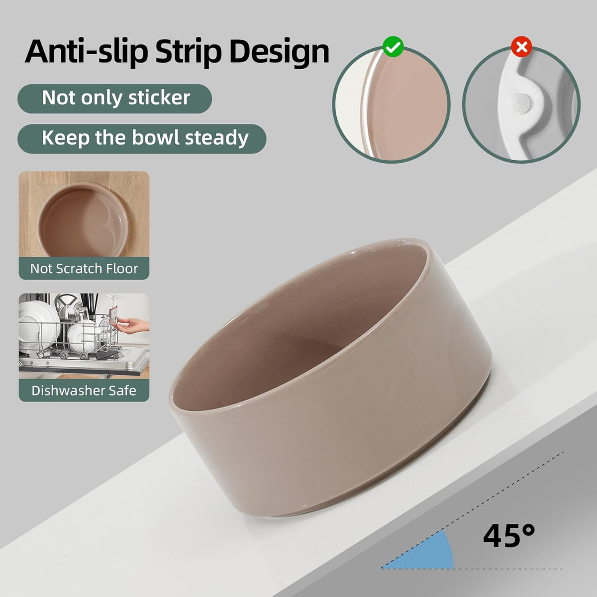 Ceramic 8.2inch Dog Bowl for Large-Breed Dogs, Anti-Slip and Weighted Pet Food and Water Bowl (Single Bowl - Brown Coffee)