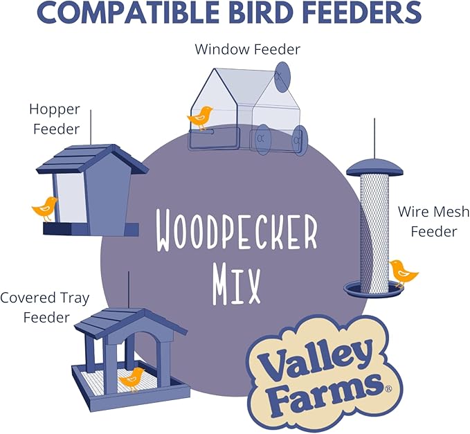Valley Farms Woodpecker Mix, No Mess Bird Seed for Outdoor Feeders, W/Peanuts and Sunflower Hearts for Birds, Woodpecker Food, Attract All Bird Species (4 LBS)