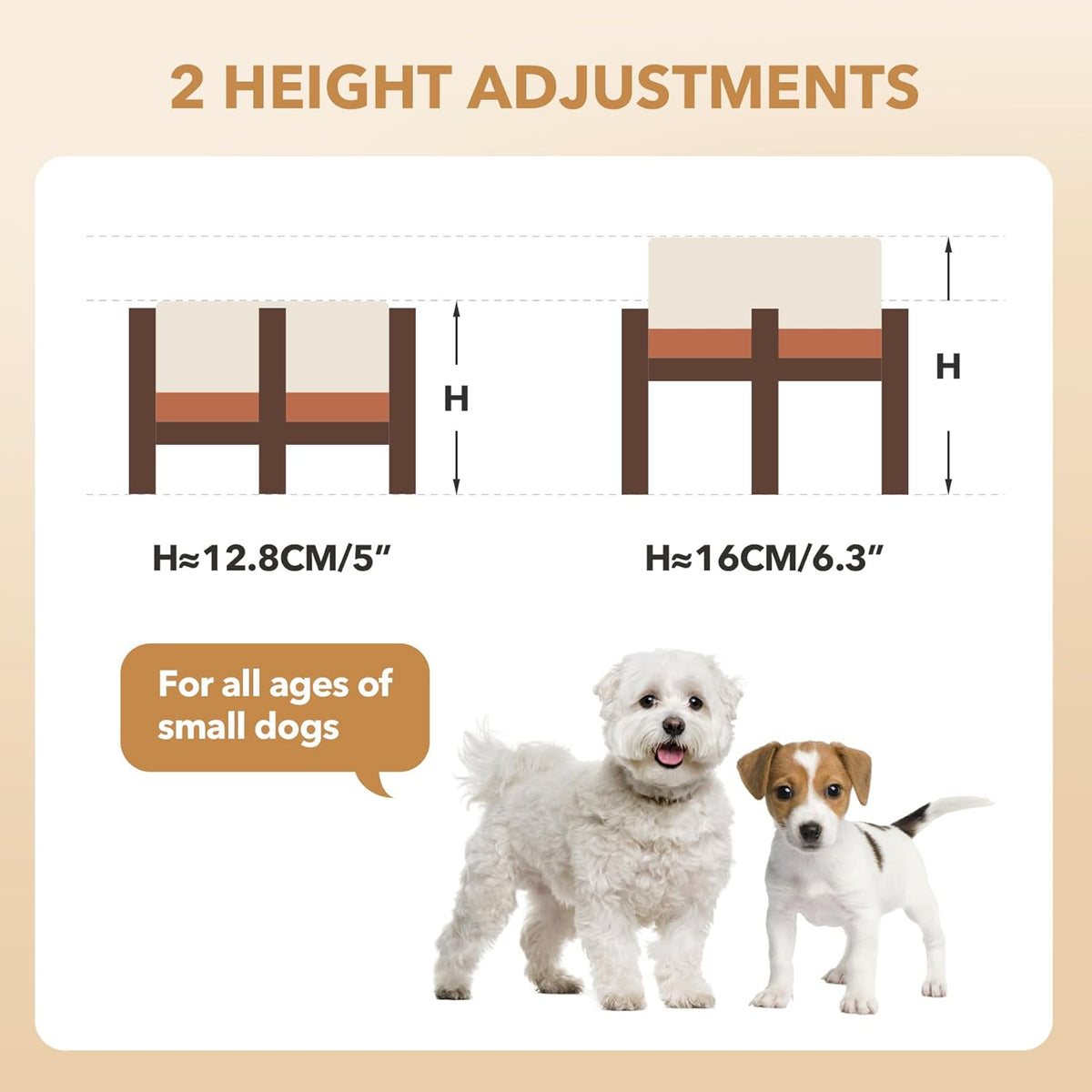 Ceramic 6.1inch Raised Double Dog Bowls Set with Acacia Wood Stand, 2 Heights Elevated, Food & Water Bowls for Small Dogs(28.2oz, Vanilla White)