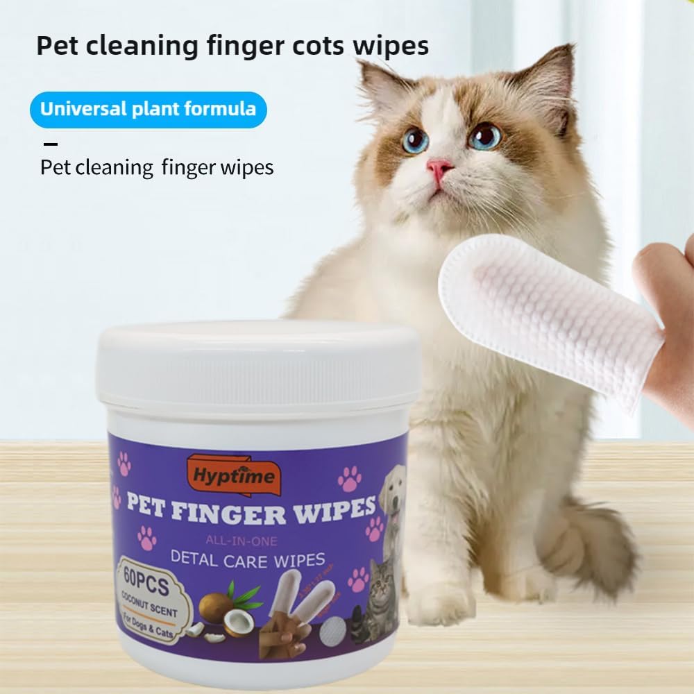 Pet Teeth Cleaning Finger Wet Wipes for Dogs and Cats Easy Oral Care Ear Eye Soft Disposable Wipe Dog Cat Toothbrush Cleaner Safe Non-Irritating Grooming Kit Care 60 Counts