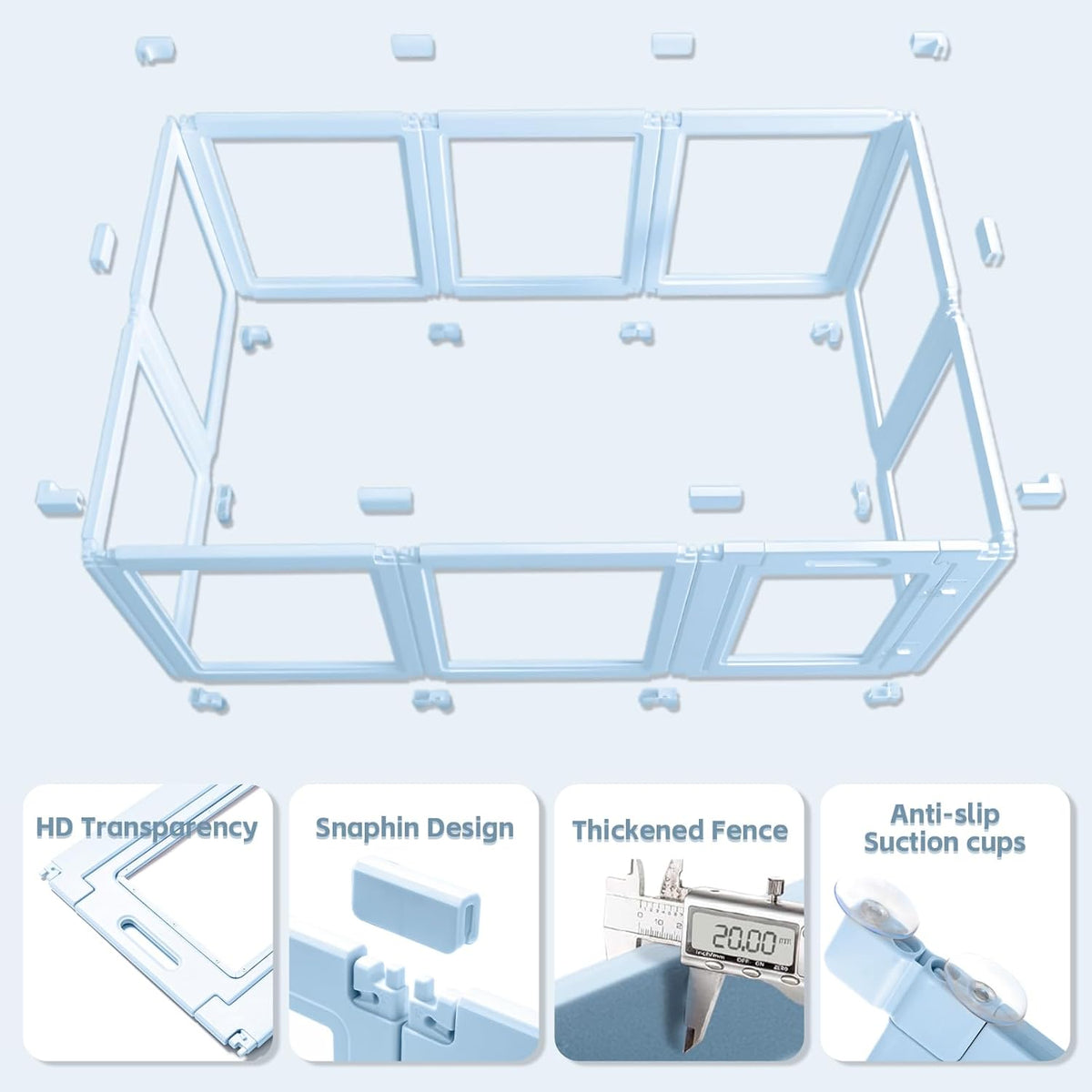 Clear Acrylic Dog Playpen,Transparent DIY Dog Pen,Easy Assembly and Disassembly,Indoor and Outdoor Use,Simple Cleansing Fence (Sky Blue, 60CM, 12 Panel)