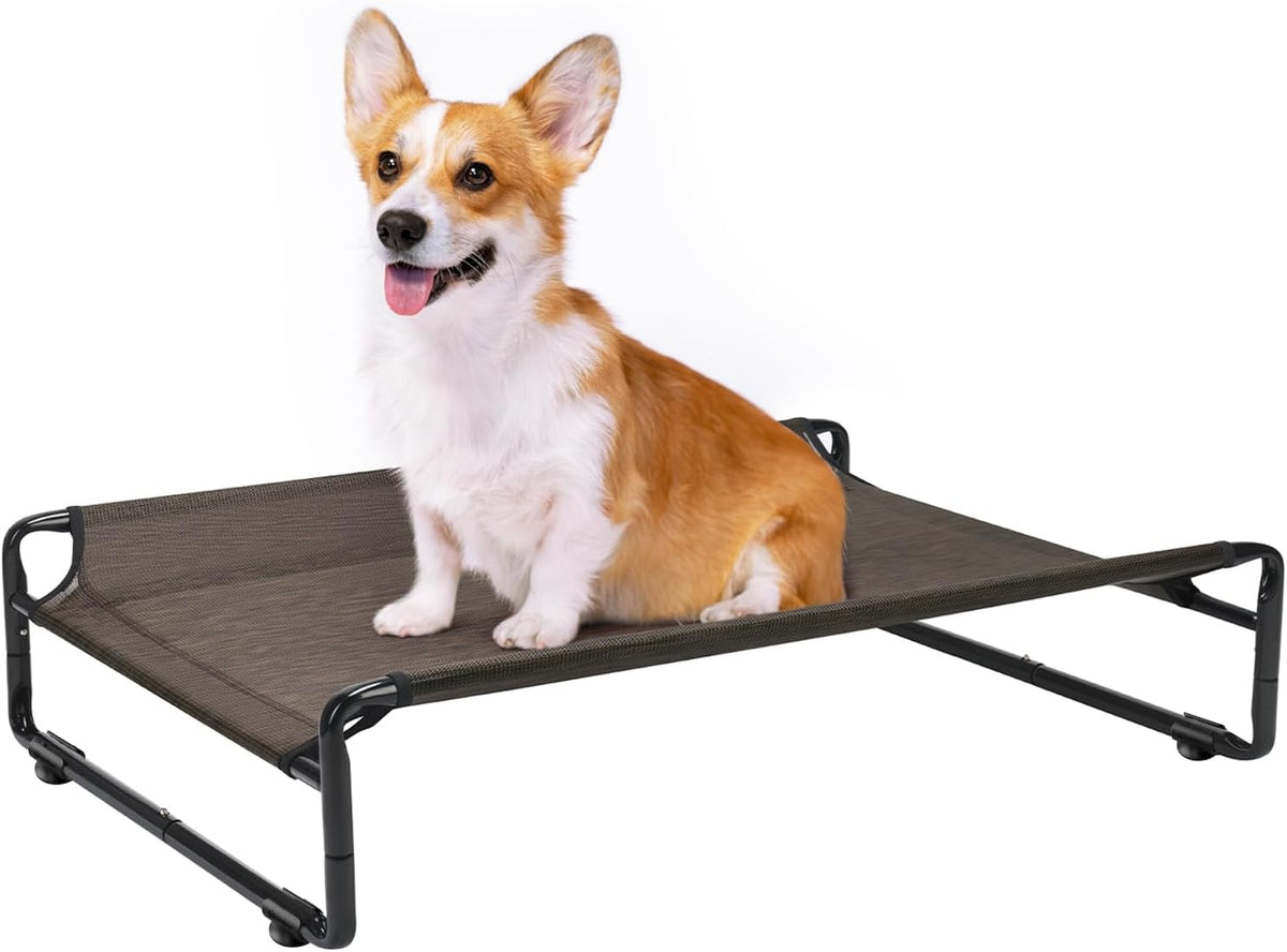 Veehoo Original Outdoor Elevated Dog Bed, Cooling Raised Dog Cot for Medium Dogs, Portable Standing Pet Hammock Platform with Washable Breathable Mesh, No-Slip Feet, Medium, Brown, CWC2201