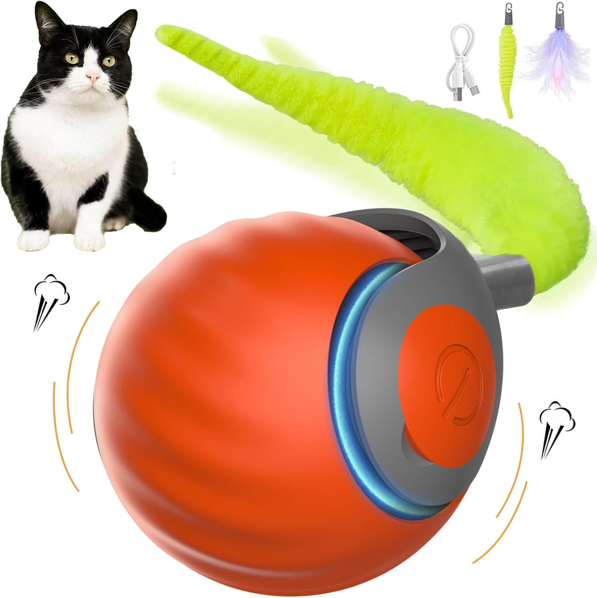 Upgraded Speedy Interactive Cat Ball 4.0 Toys with 2 Optional Tails, Smart Moving Ball Cat Toy for Bored Indoor Cats, Rechargeable & Detachable Automatic Kitten Rolling Balls Toy (Orange)