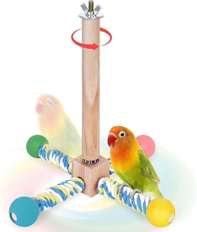 Bird Perch Toy, Parrot 360° Interactive Rotating Toy for Parakeets - Natural Wood & Cotton Rope, Detachable Interactive Bird Toy, Chewable Design Reduces Boredom Anxiety for Small Birds