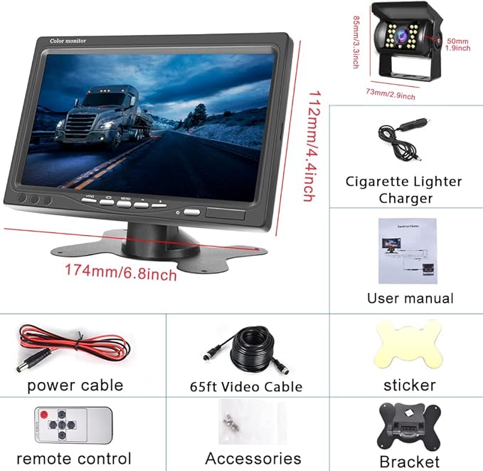 Hikity Backup Camera with Monitor Kit, Waterproof 18 IR LED Night Vision Reverse Camera + 7" Rear View Monitor Vehicle Parking System for RV Bus Trailer Truck (65ft Video Cable+ Cigarette Lighter)