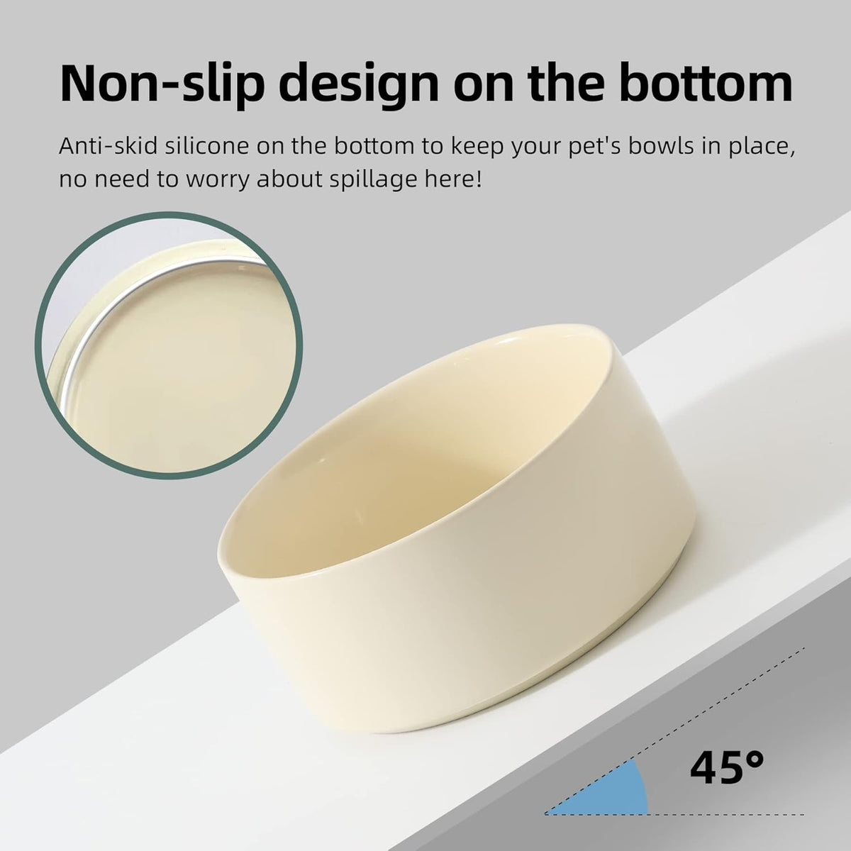 Ceramic 5.1inch Raised Double Bowls Set with Wooden Stand, Elevated Food & Water Bowls for Small Breed Dogs, Cats, Kitty, Weighted Dog Dishes, Pet Bowls(13.5oz, Beige)