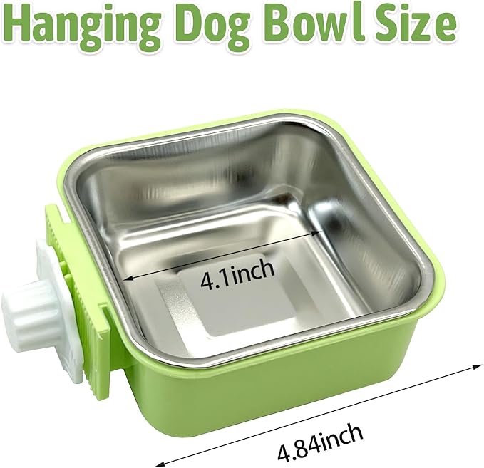 kathson Crate Dog Bowl, Removable Stainless Steel Hanging Pet Kennel Cage Bowl Food & Water Feeder Coop Cup for Puppy, Cat, Rabbit, Guinea Pigs 2pcs Small Square(Blue, Green)