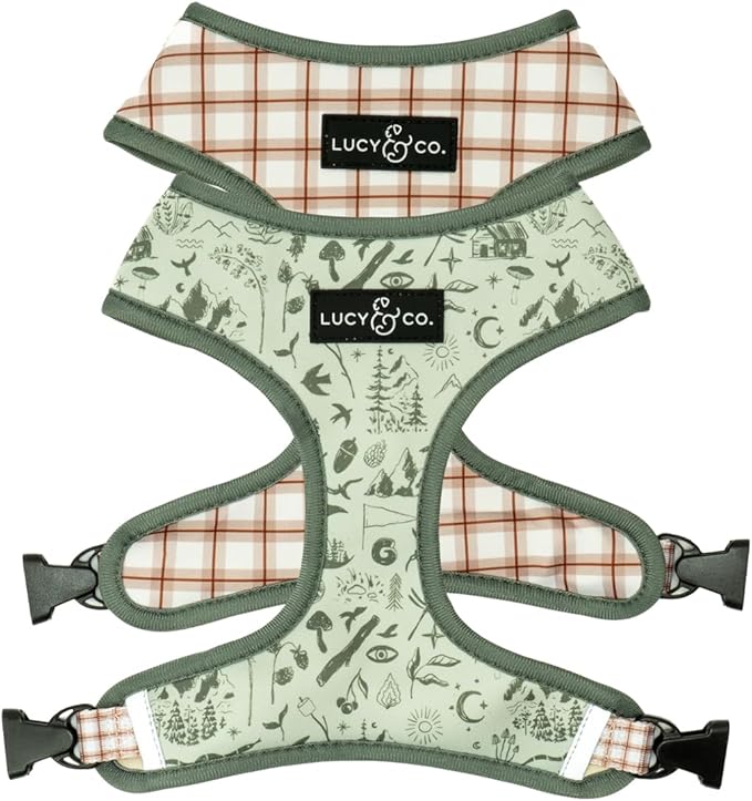 Lucy & Co. Cute Reversible Dog Harness Walking Halter - Best Designer Pet Harnesses for XS - XL Dogs - Padded Adjustable Vest for Easy Walking-Medium-Green Outdoor Plaid