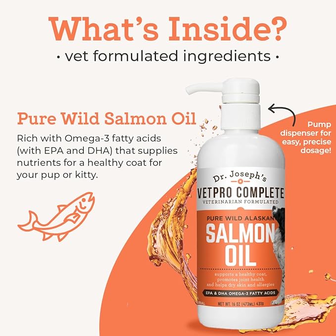 VetPro Complete Wild Alaskan Salmon Oil Formula Supplement for Dogs & Cats, 16 Ounces, Omega 3 & 6 Liquid Fish Oil, EPA + DHA Fatty Acids, Coat & Joint Support, Helps Dry Skin & Allergies, Add to Food