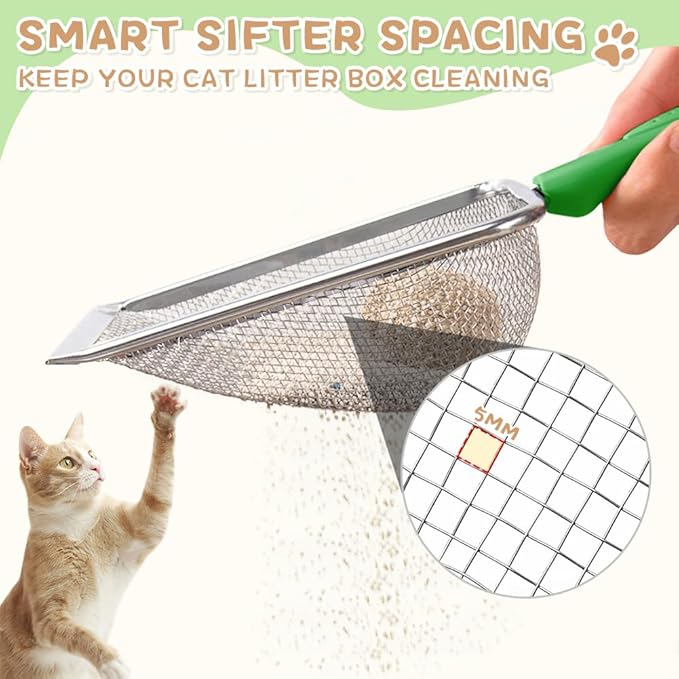 Cat Litter Scoop,Sturdy Litter Cleaner Corner Shovel,Stainless Steel Mesh Litter Shovel,Easy to Clean Reptile Terrarium Sand Waste,Beach Shovel(Green)