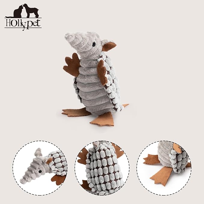 Hollypet Plush Dog Squeaky Toy Stuffed Armadillo Animal Pet Puppy Chew Toys with Clean Teeth for Small Medium Large All Breed Sizes Dogs, Gray, 6 in