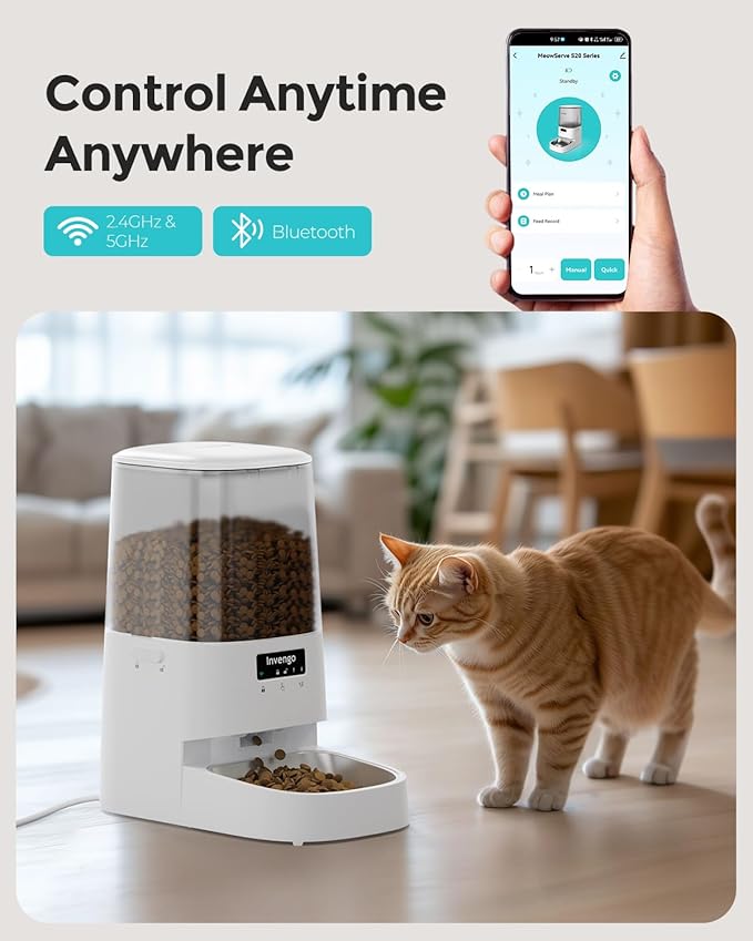 Cat Feeder Automatic - Cat Food Dispenser MeowServe S20, Auto Dog Feeder with Stainless Steel Bowl, 5L Pet Feeder with Patented Anti-Jam Port, App, Dual Lock Lid, Dual-Band WiFi & Power, White