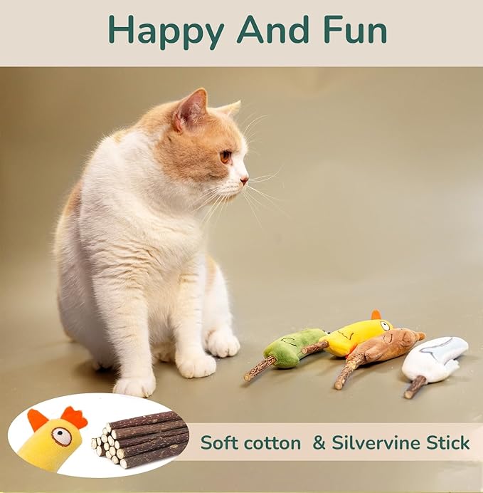 4-Piece Catnip Toys with Valerian Stick Catnip Toys with Various Cute Animal Styles, Plush Cat Toys for Indoor Cats, Cat Chew Toys Kitten Toys