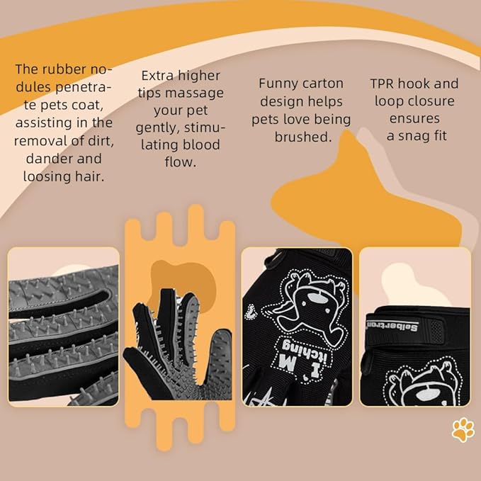 Seibertron Patented P.G.M.G-1 Pet Hair Remover/Deshedding Grooming Gloves Seven Sizes Fit All Works for Dogs, Horses, Cats and Other Animals Short Fur(1-Pair) Adult Black XL