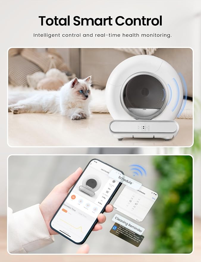 Self Cleaning Cat Litter Box, Ultra-Safe Protection Automatic Cat Litter Box, APP Control/Lower Entry/Large Capacity with 3 Rolls Liners & Mat LELOPETS