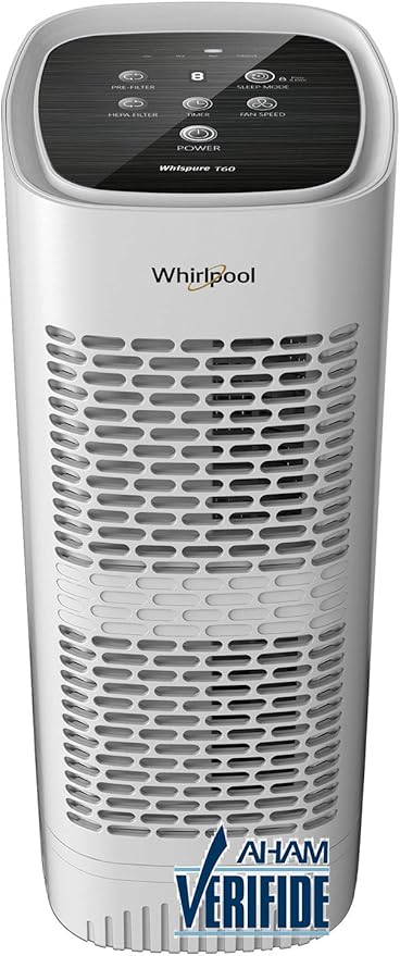 Whirlpool, WPT60P Whispure True Hepa Air Purifier, Activated Carbon Advanced Anti-Bacteria, Ideal for Allergies, Odors, Pet Dander, Mold, Smoke, Wildfire, and Germs, Medium, White