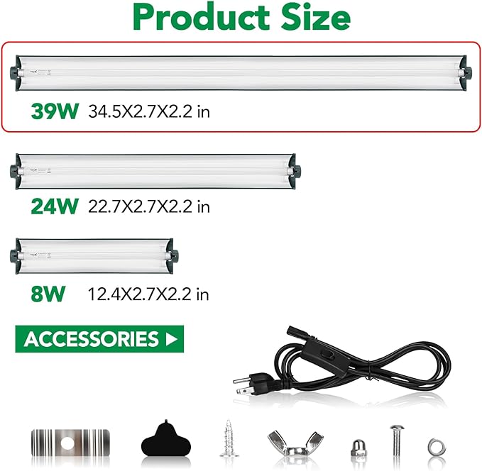 T5 Reptile Light Fixture Green Combo Kit 39W Light Fixture Reptile Terrarium Hood 10.0 UVB Light Bulb Fluorescent Tube Ideal for Tropical and Deserts Such as Bearded Dragon Lizards and Tortoises