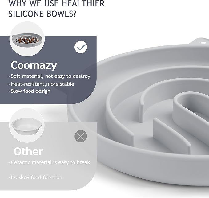Coomazy Silicone Slow Feeder Dog Cat Bowls, Interactive Puzzle Toy for Pets Food Training, Keeps Dogs Cats Busy, Prevents Puppy Kitty Overeating (Smoke Gray, 1.4Cup)